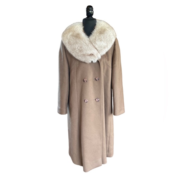 100% Wool Camel Mid-Length Trench Coat Vintage 60’s Blue Fox Collar Medium Vntg - Picture 2 of 16